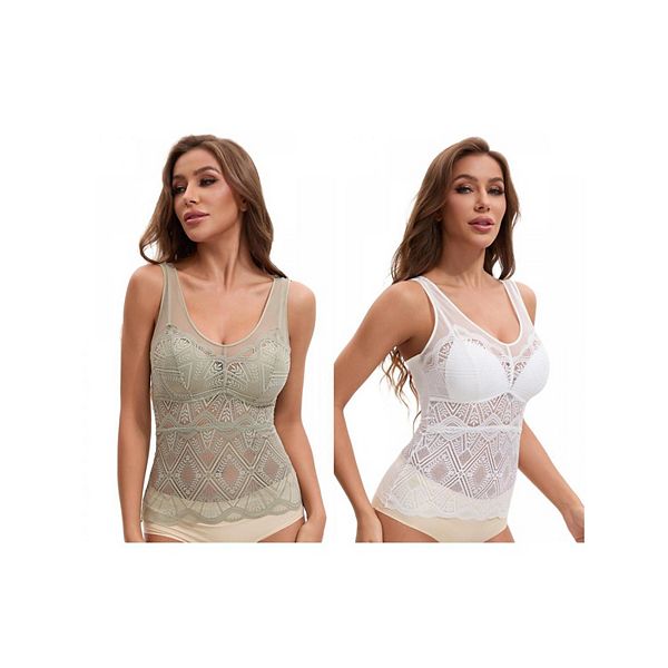 

2 комплекта женских кружевных сетчатых маечек с V-образным вырезом на спине, широкими бретелями и фиксированными чашечками, удлиненного кроя, легких и дышащих. Inspire Chic, White Green
