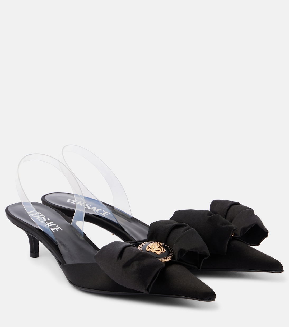 Атласные туфли-лодочки Alia 45 с открытой пяткой Versace, Black-Versace Gold