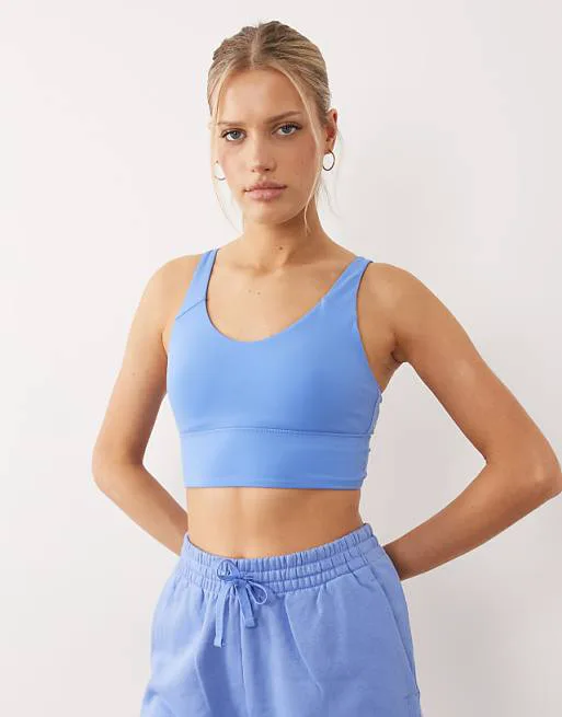 Синий и желтый бюстгальтер со средней поддержкой adidas Performance Three Stripes Studios — фото 3