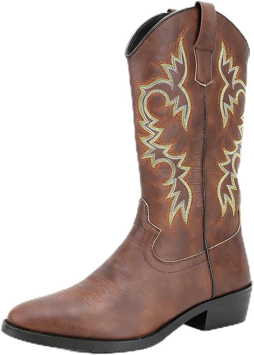 

Мужские кожаные ковбойские сапоги Santimon с вышивкой пламени, классические сапоги средней длины, темно-коричневый