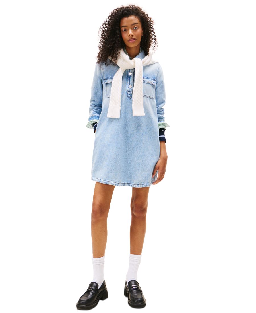 

Женское хлопковое джинсовое платье А-силуэта с длинными рукавами Tommy Jeans, Denim Light