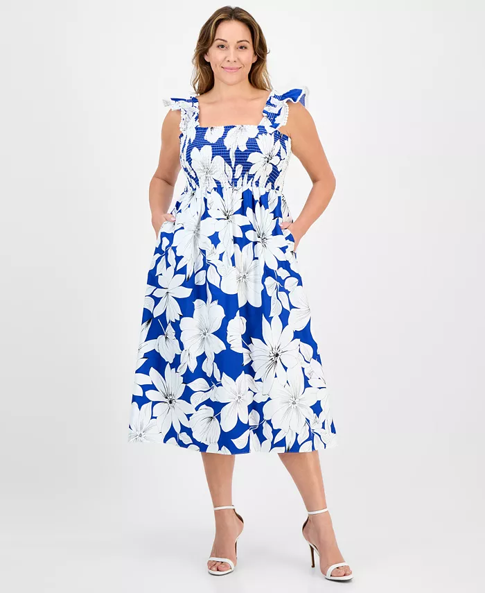

Платье миди из хлопка с цветочным принтом, присборенное, с рюшами на рукавах, больших размеров Anne Klein, синий