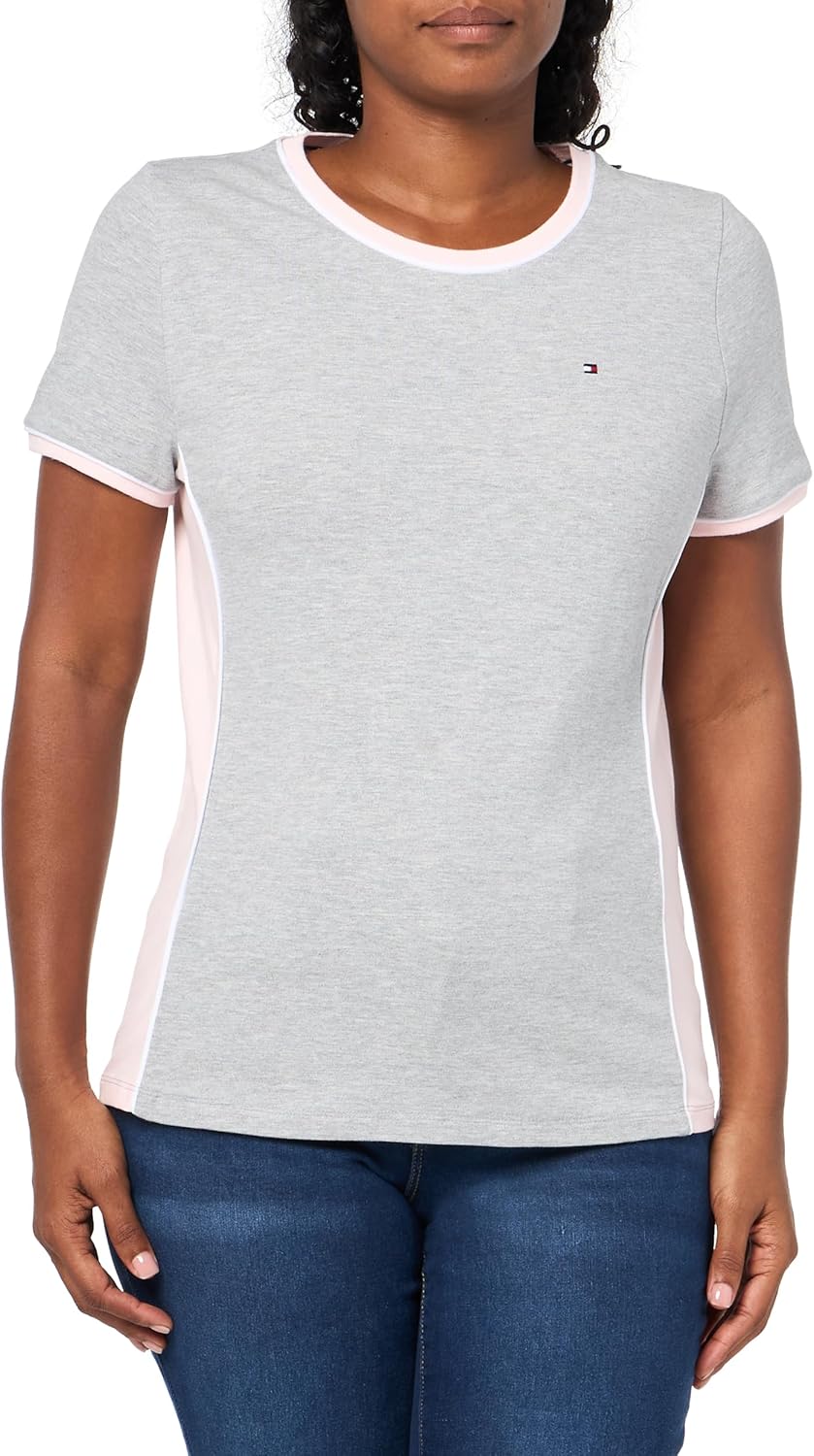 

Женская футболка Tommy Hilfiger из хлопковой смеси пике с короткими рукавами, Stone Grey Heather/Ballerina Pink