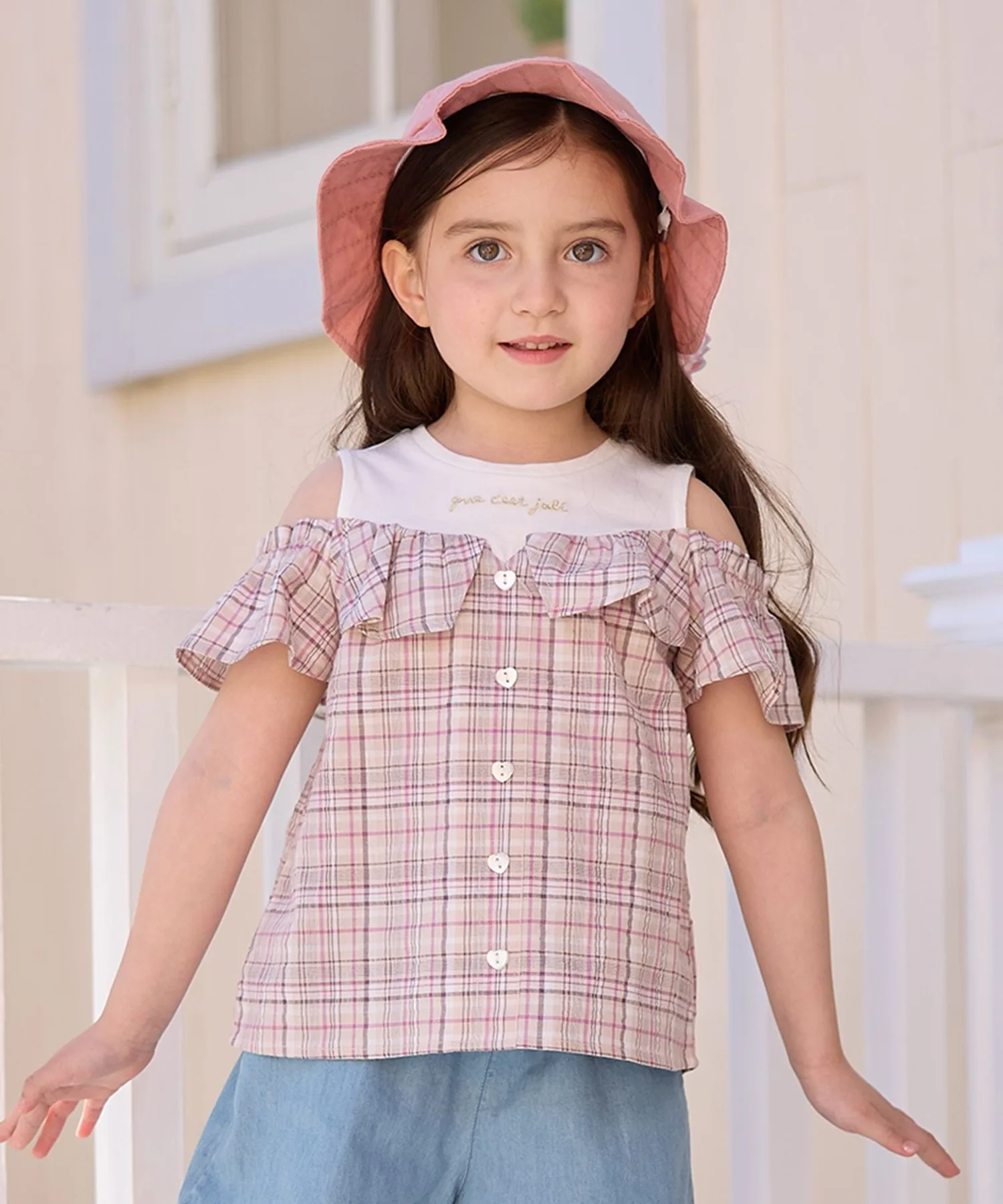 Детская блузка с открытыми плечами и рюшами ANY Off Shoulder Frill Blouse коричневая