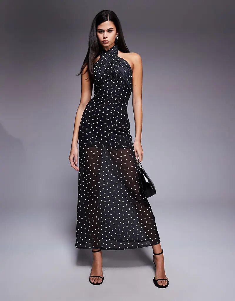 

Платье макси ASOS DESIGN с сетчатой ​​отделкой, перекрещивающимися бретелями через шею и прозрачной юбкой в ​​горошек