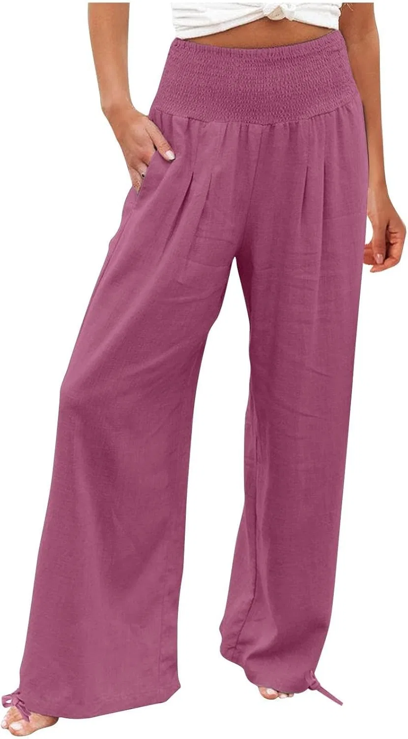 Женские брюки палаццо из льна и хлопка, свободные, с карманами, A01_hot Pink