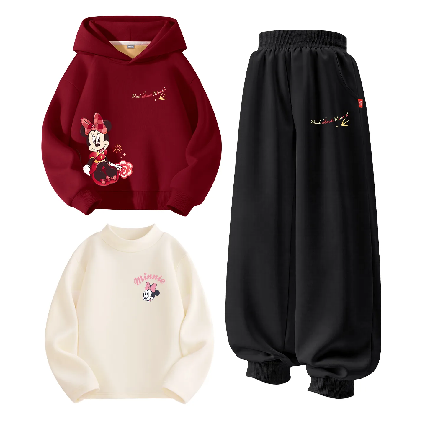 Детский спортивный комплект из 3 предметов Disney, [Thickened and Fleece-Lined Three-Piece Set]Di Shuan Character Print K Burgundy+Di Shuan Character K Black+Gt Di Tiao Eye K Milk White