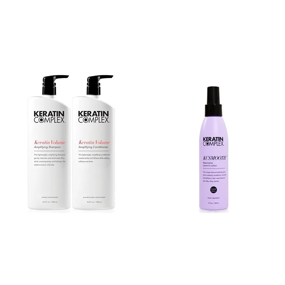 Keratin Complex - Набор из шампуня и кондиционера для придания объема с кератином (по 950 мл каждый) и восстанавливающий несмываемый лосьон для укладки феном KCSMOOTH (140 мл).