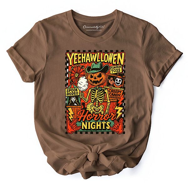 

Футболка Yee Haw Halloween с ретро-тыквой и скелетом, осенняя футболка в стиле кантри Ornamentallyyou, Brown