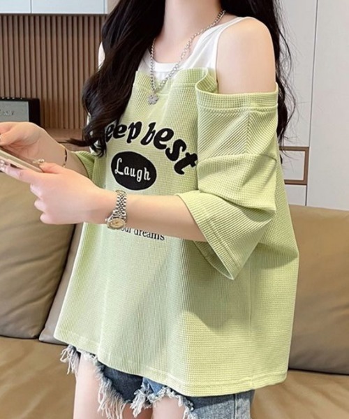 

Топ с открытыми плечами и многослойным логотипом LADY LIKE, зеленый