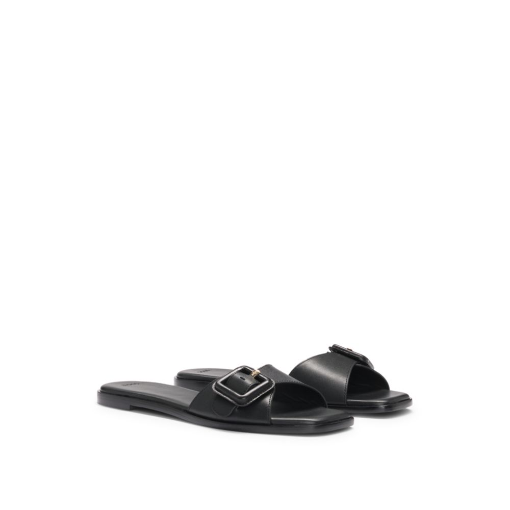 Leather slides with logo-detail buckle BOSS, черный