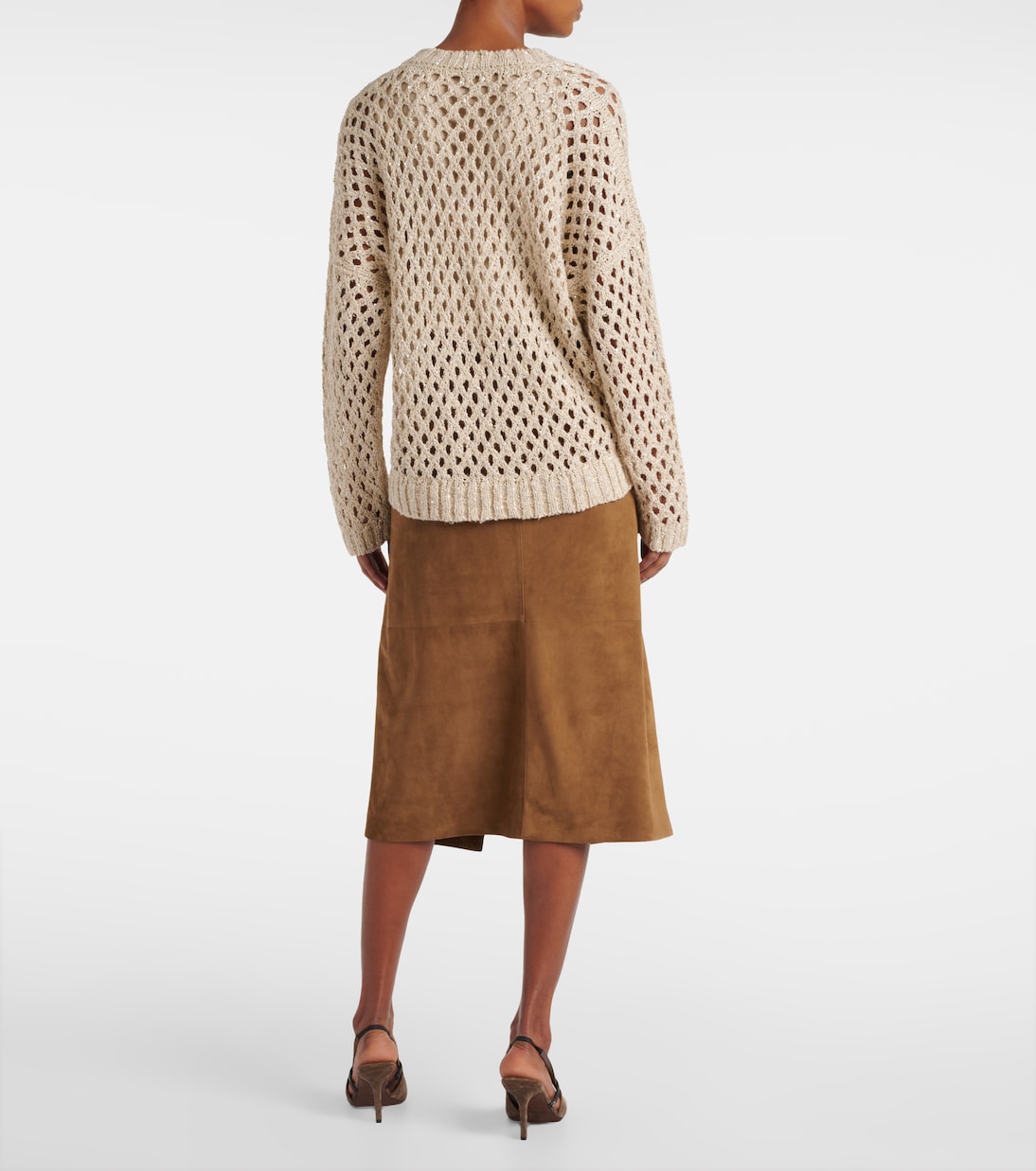 Свитер из смеси шелка и льна с пайетками Brunello Cucinelli, Warm Cream — фото 3