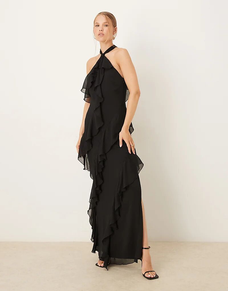 

Платье макси Pretty Lavish с бретелькой через шею и оборками, черное