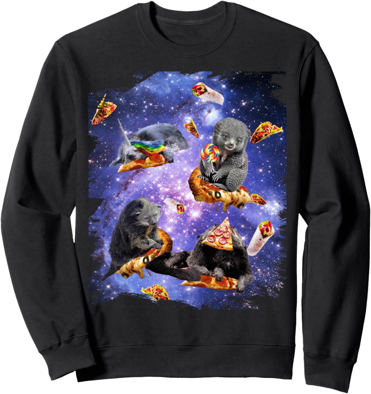 

Космический Бинтуронг верхом на пицце. Забавная толстовка с изображением медведя и кота в стиле галактики Random Galaxy, черный