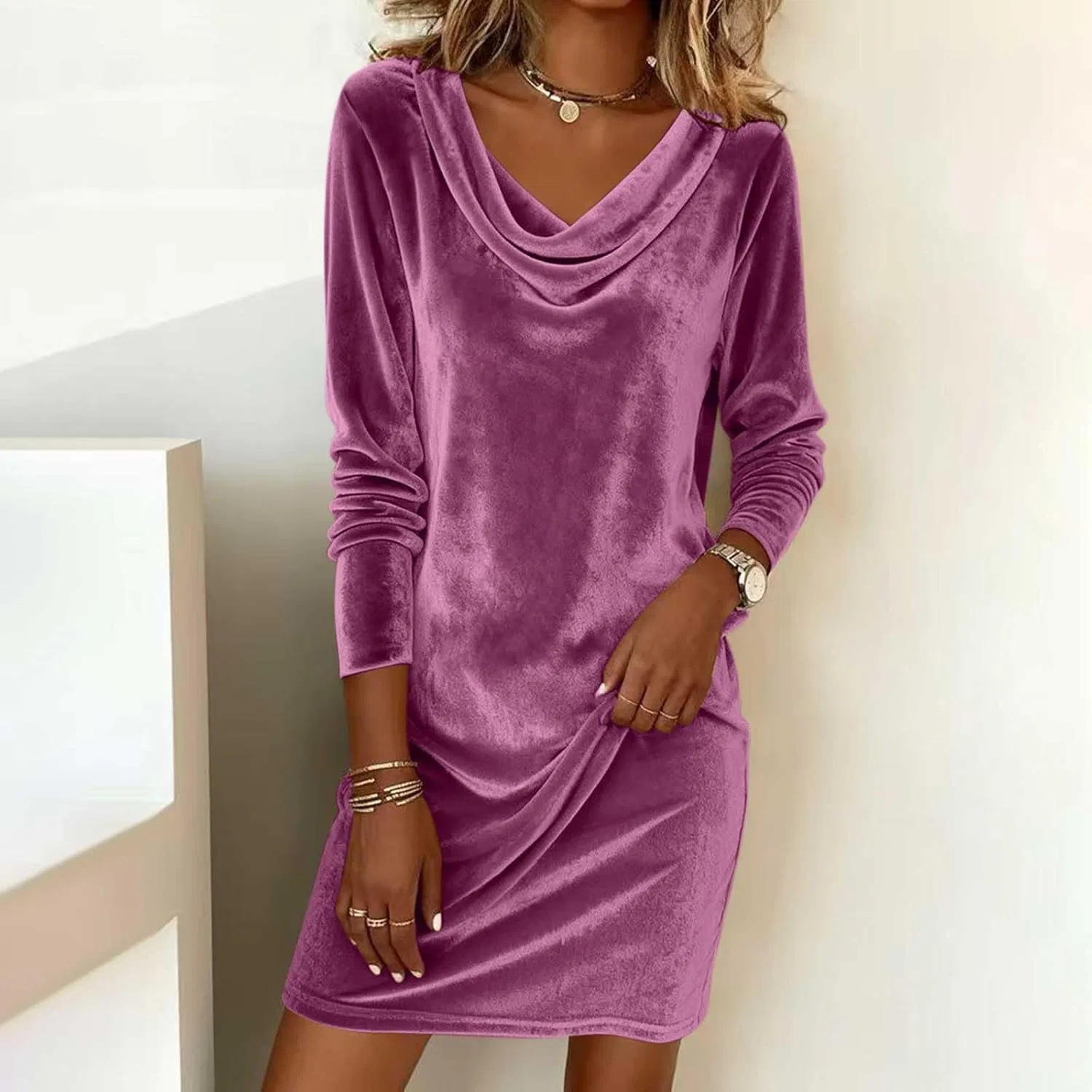 Женское платье с запахом из велюра Cowl Neck Velvet, Purple — фото 3