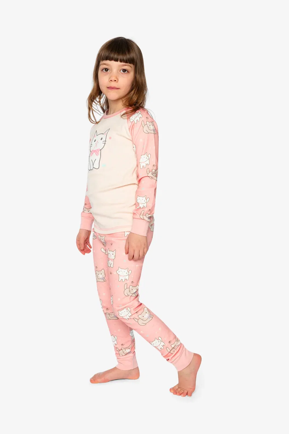 Детский комплект пижамы из органического хлопка с длинным рукавом Pink Cat Print Deux par Deux, Pink Cat Print — фото 3