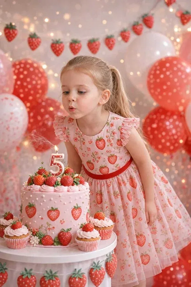 Детское платье для девочек с принтом Strawberry-Themed Neşeli Bebe, Strawberry Print