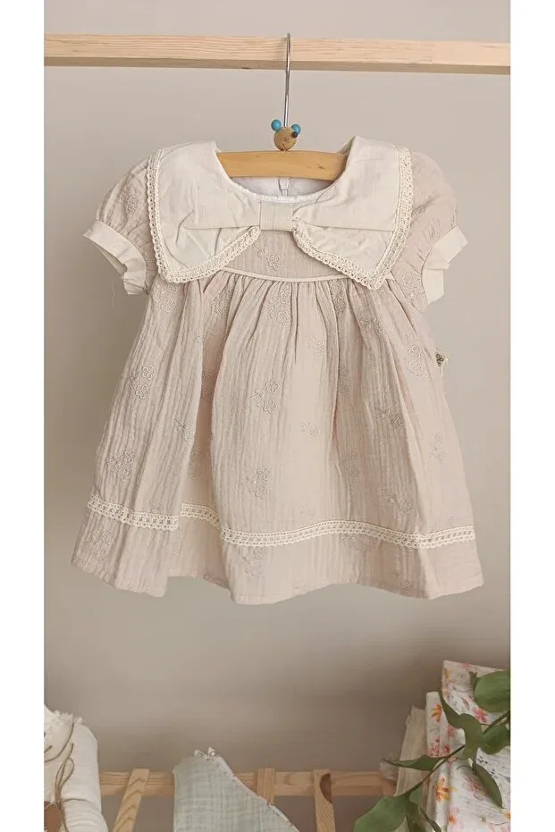 Детское платье для девочек с цветочным принтом Muslin fabric baby - girl patterned dress Pure Baby Natura, Ecru — фото 3