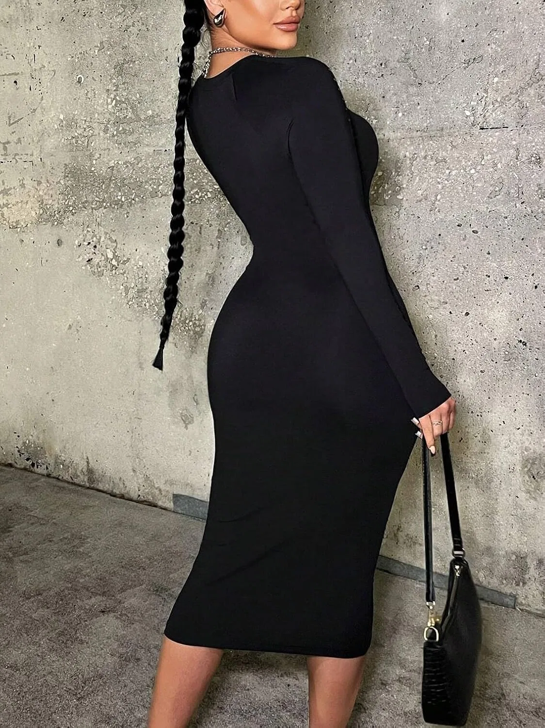 Женское облегающее платье миди с полупрозрачными рукавами, Black — фото 2