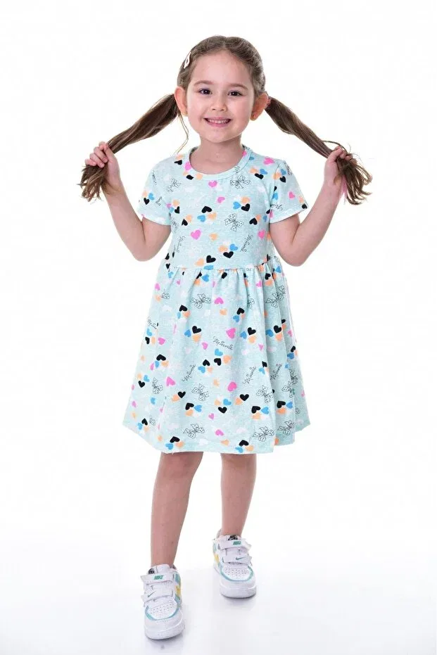 Детское платье для девочек с принтом Summer short sleeve heart printed girl's dress Buufuu, Green — фото 3