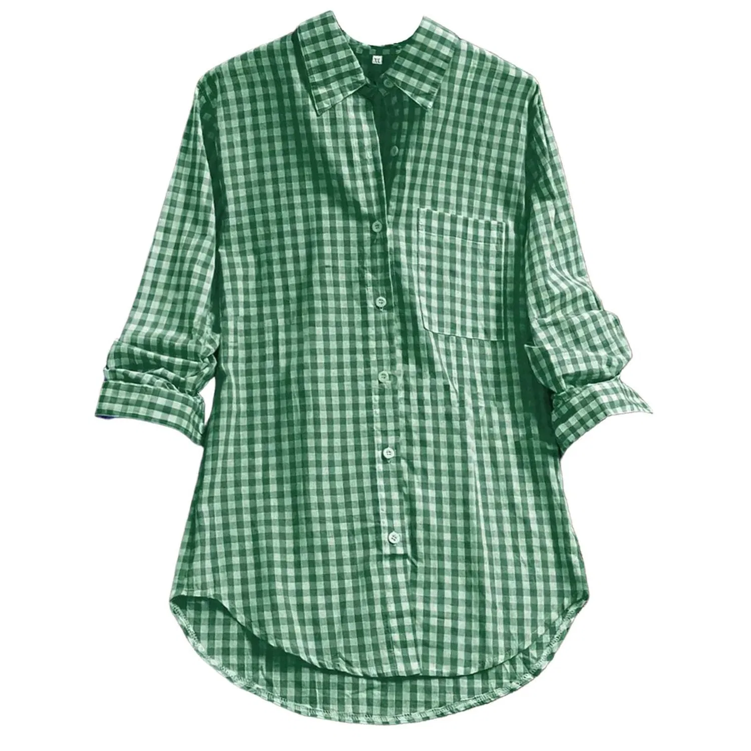Женская блузка с длинным рукавом Plaid Cotton Roll-Up Blouse, Green