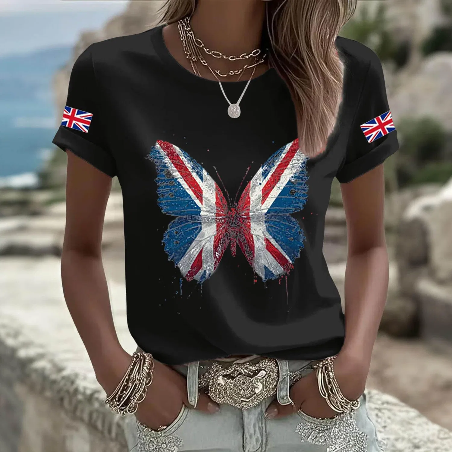 Женская футболка с принтом England Union Jack Flag, летняя, с коротким рукавом, Black 5 — фото 2