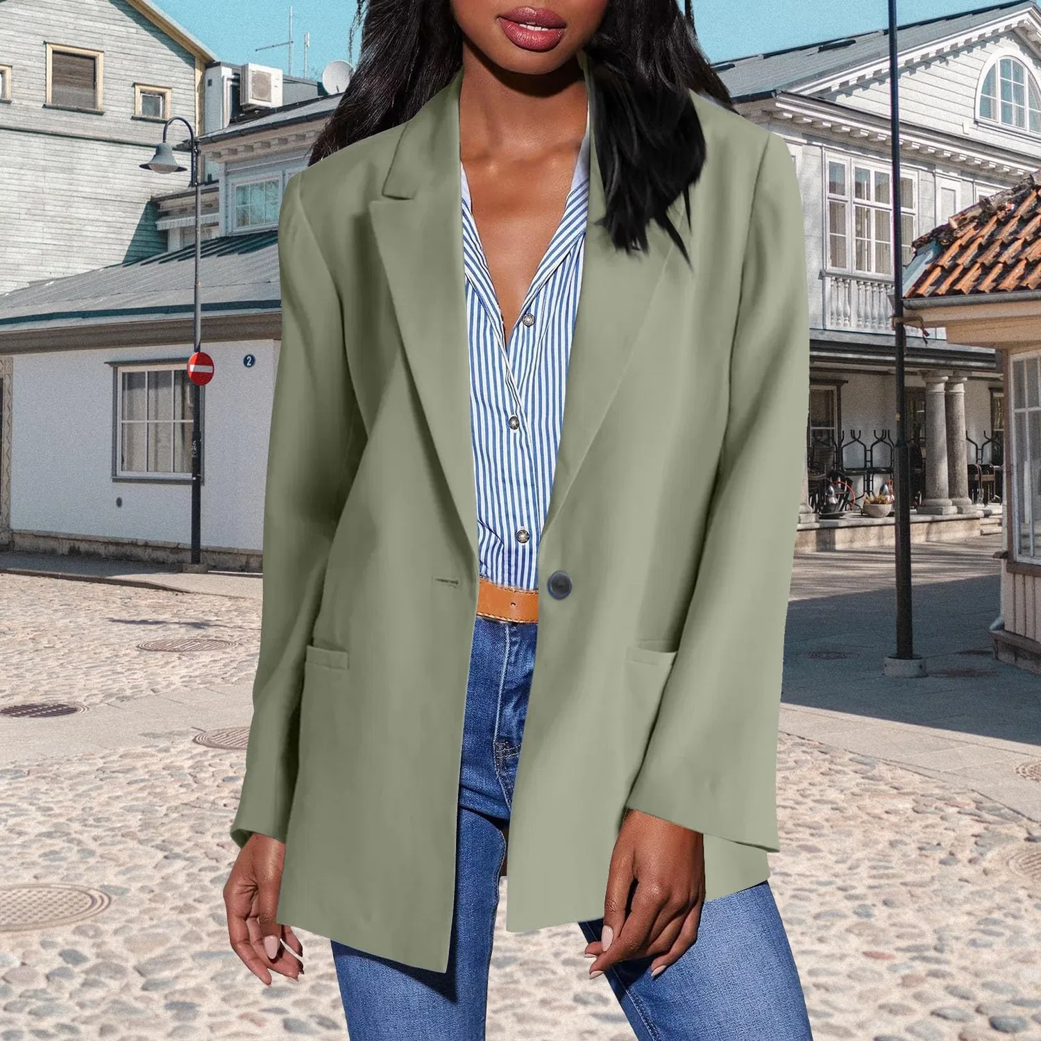 Женское утепленное пальто с длинным рукавом Women Blazer Long Sleeve Button Down Jacket Solid Color Chunky Cardigan with Pockets Fashion Collar Business Women Casual Jackets Soft Comfortable 2024, Verde — фото 2