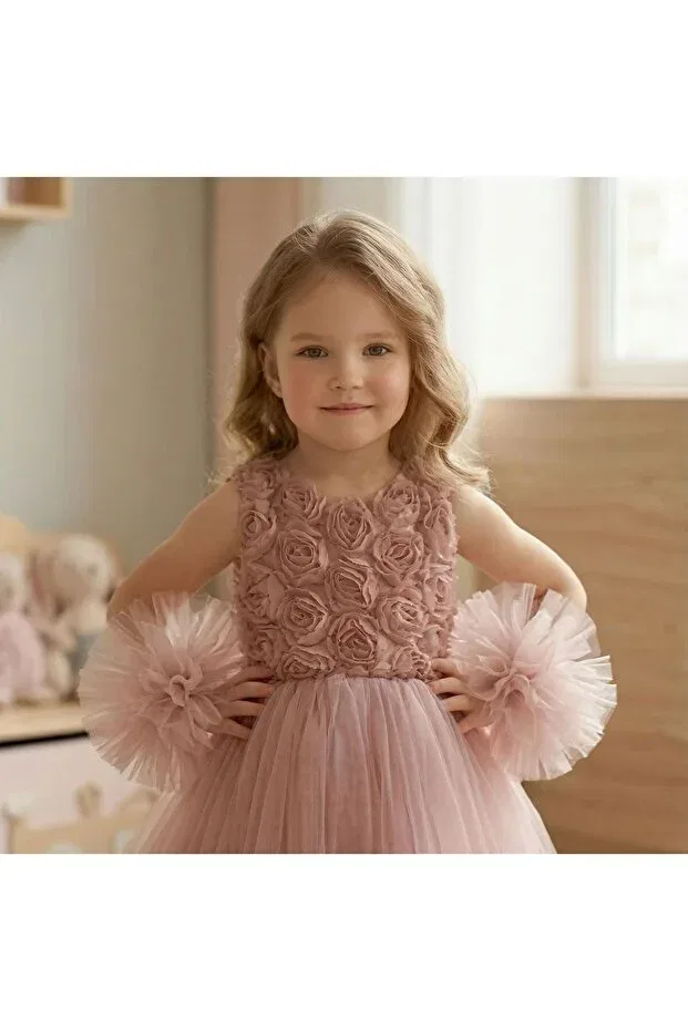 Детское платье для девочек с принтом Pompom sleeves rose patterned tulle party and birthday dress Delfini Kids, Powder — фото 4