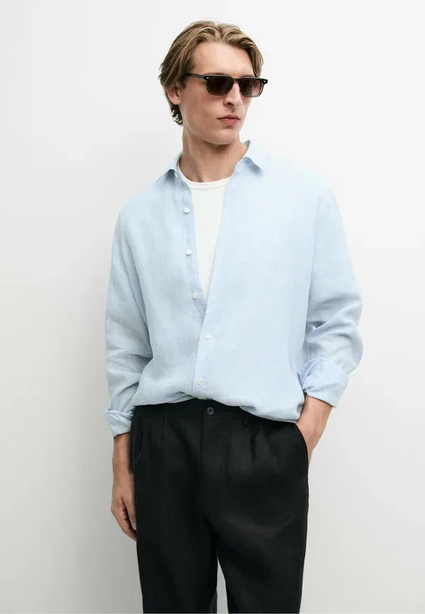 Рубашка из льна Checked Massimo Dutti, Light Blue, светло-голубой