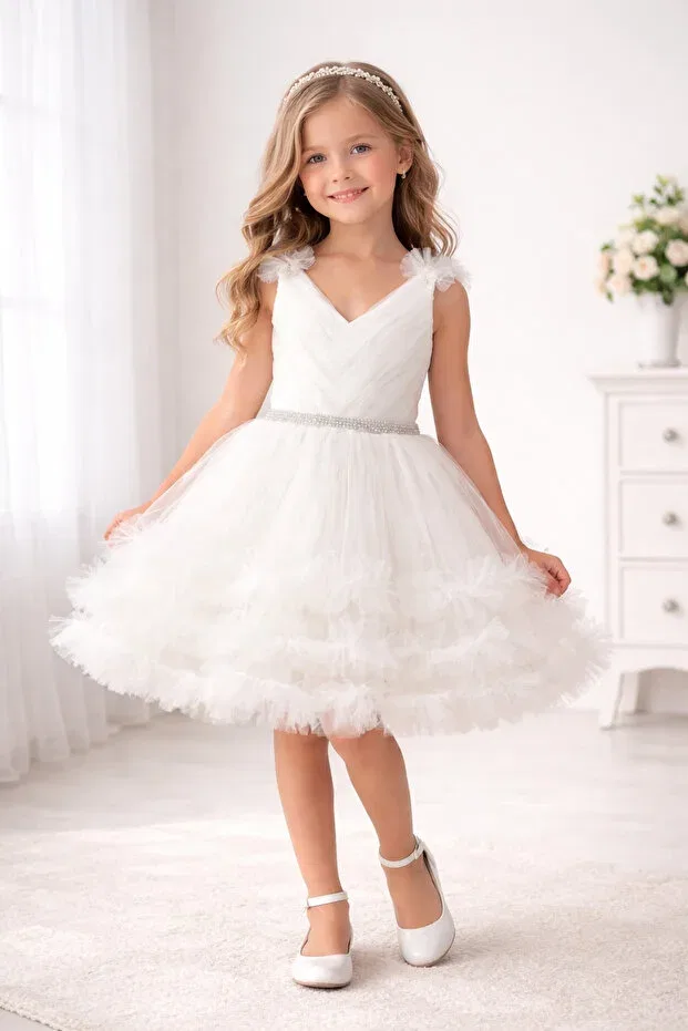 Детское платье для девочек с принтом Girl'S princess dream tulle evening dress - special design with bow - wedding & birthday & prom Atlas Kids, White