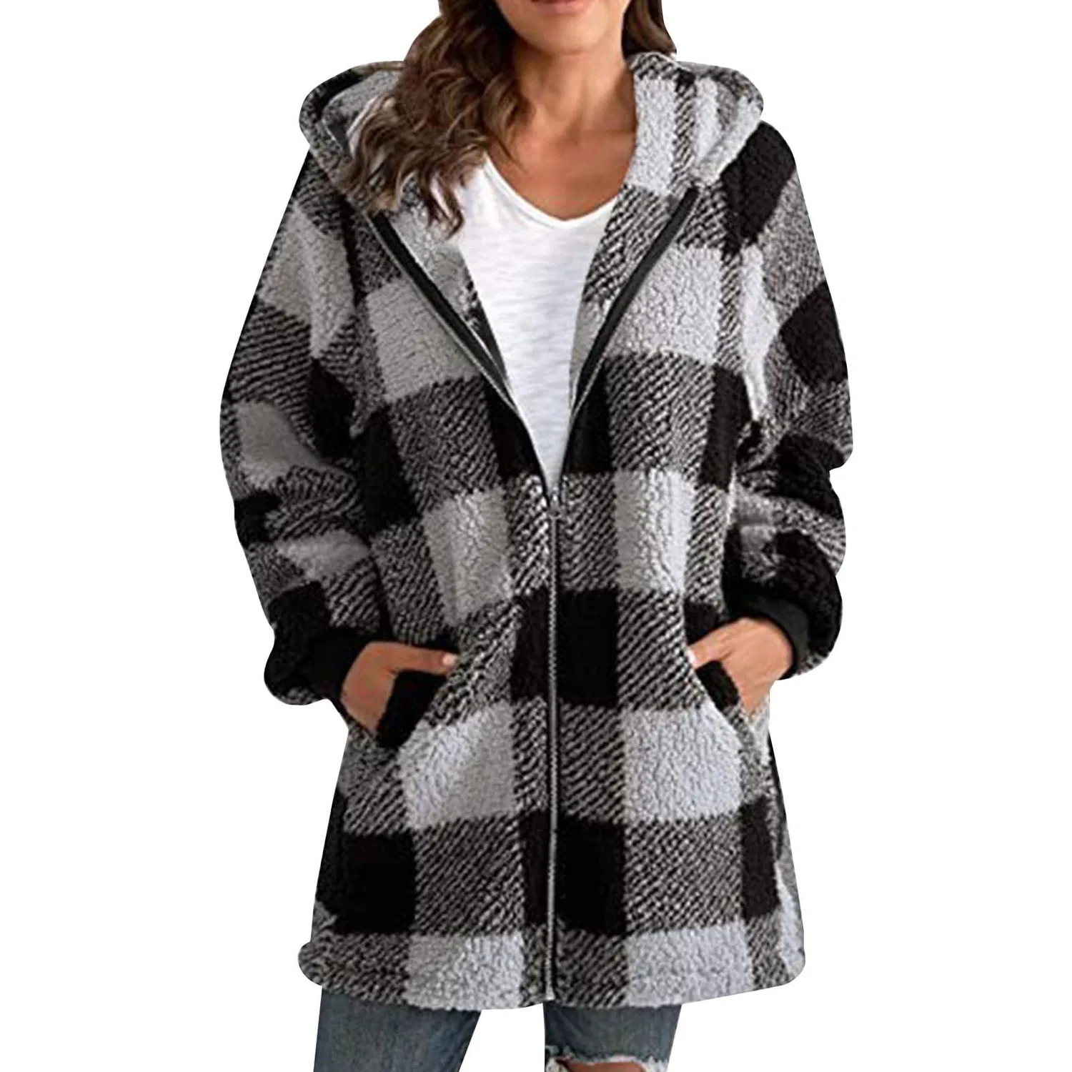 Женское пальто с капюшоном в клетку Oversize Fluffy Checked Flannel, Grey