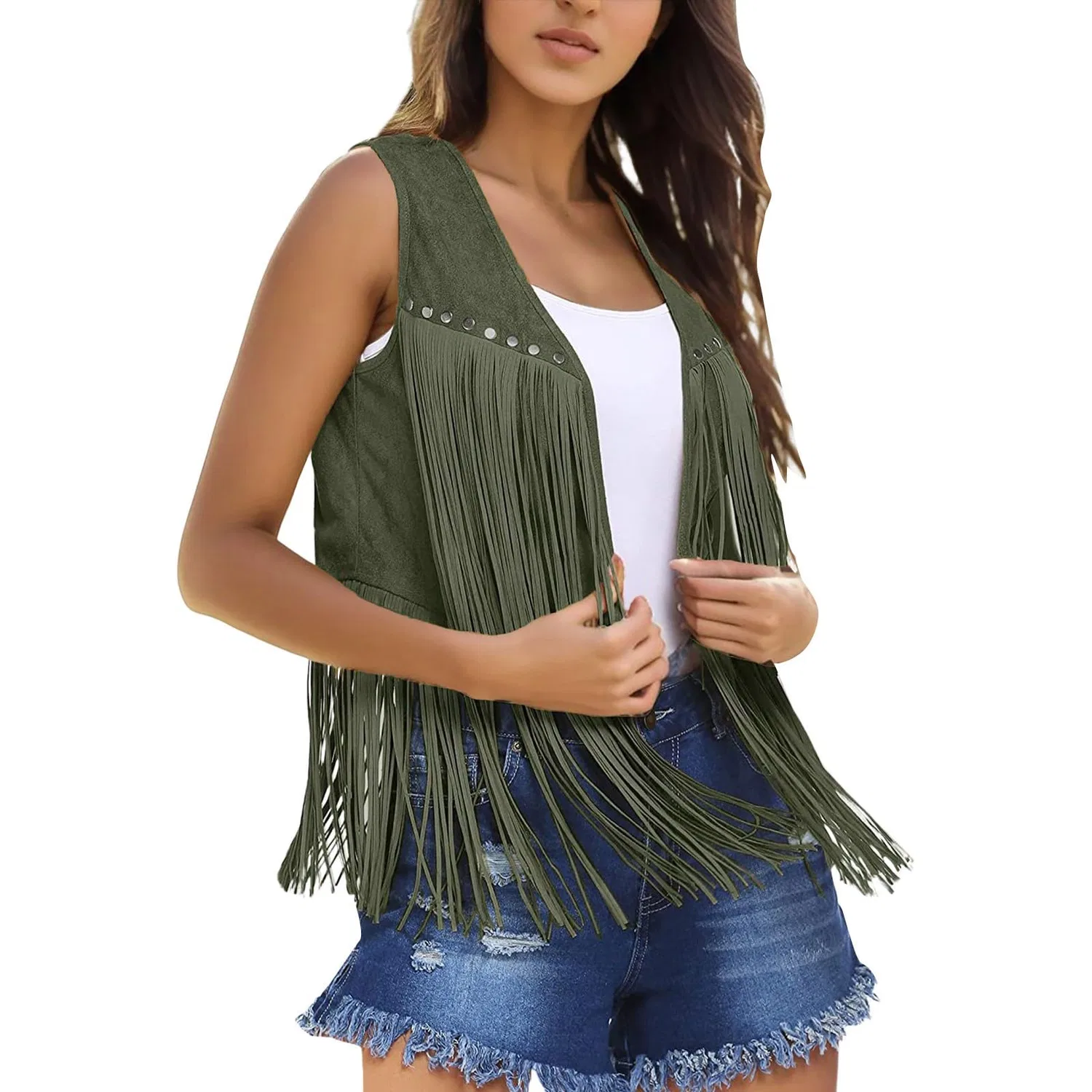Женский жилет без рукавов с бахромой Vintage Hippie Jacket, green