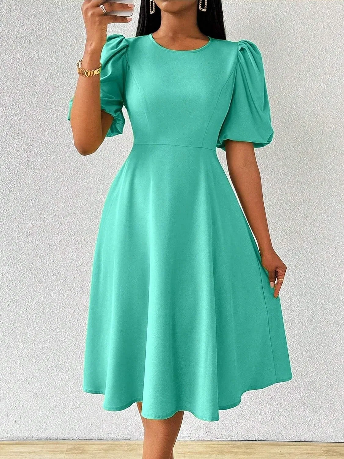 Женское миди-платье с круглым вырезом A-силуэта, Mint Green — фото 4