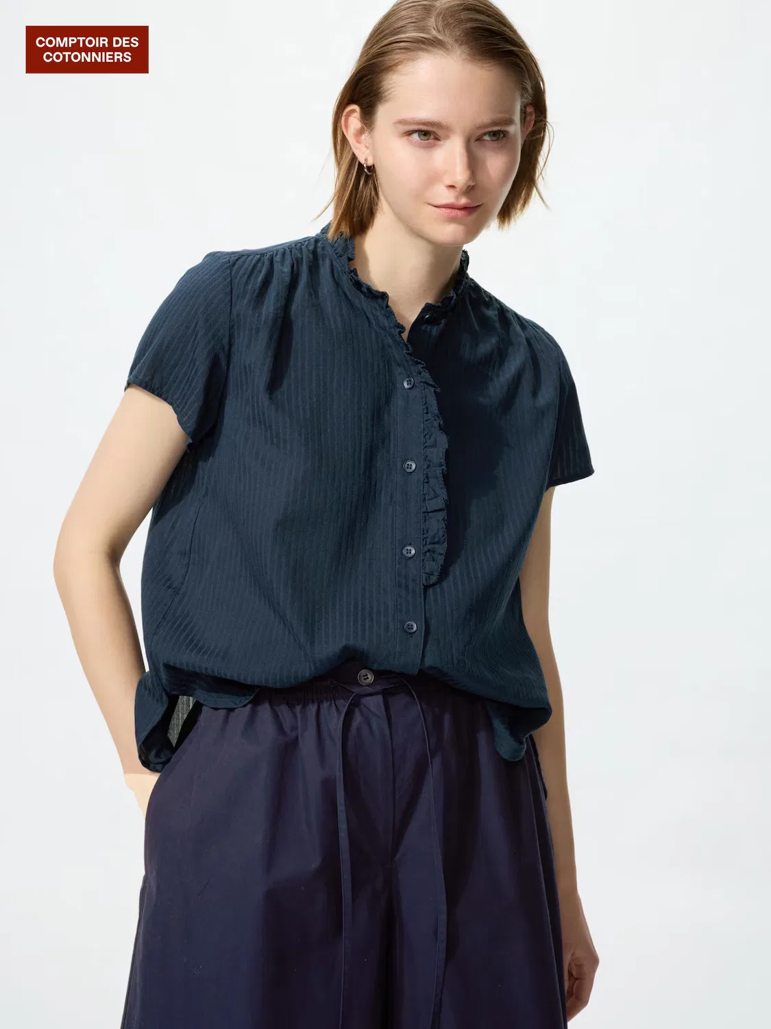 Рубашка хлопок Uniqlo, полосатая с оборками, темно-синий