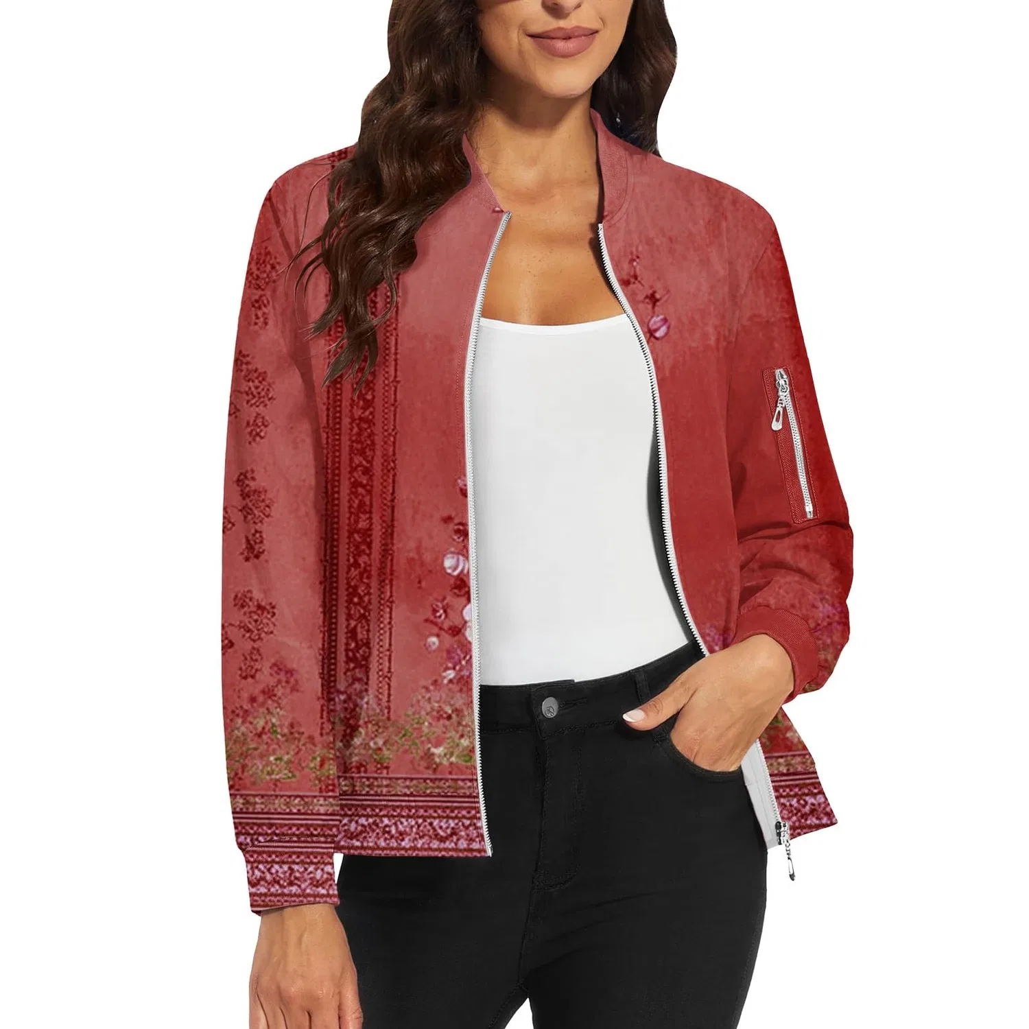 Женская куртка-бомбер с принтом, модель Summer Printed Slim Jacket, Rosso 4