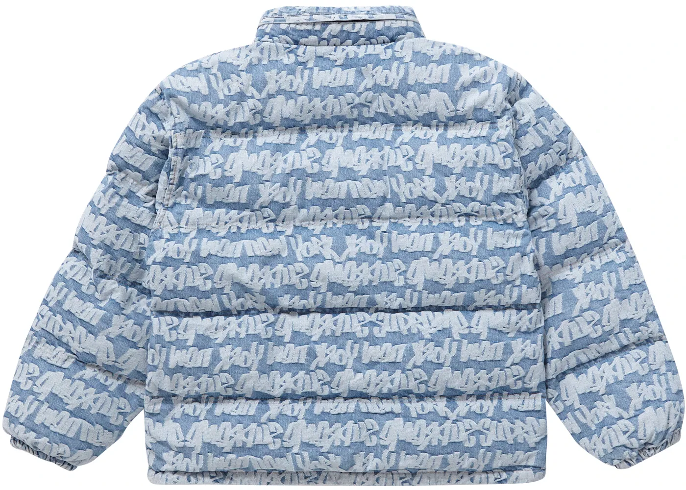 Мужская куртка-пуховик джинсовая с принтом Supreme Fat Tip Jacquard Denim Puffer Jacket, Blue — фото 3