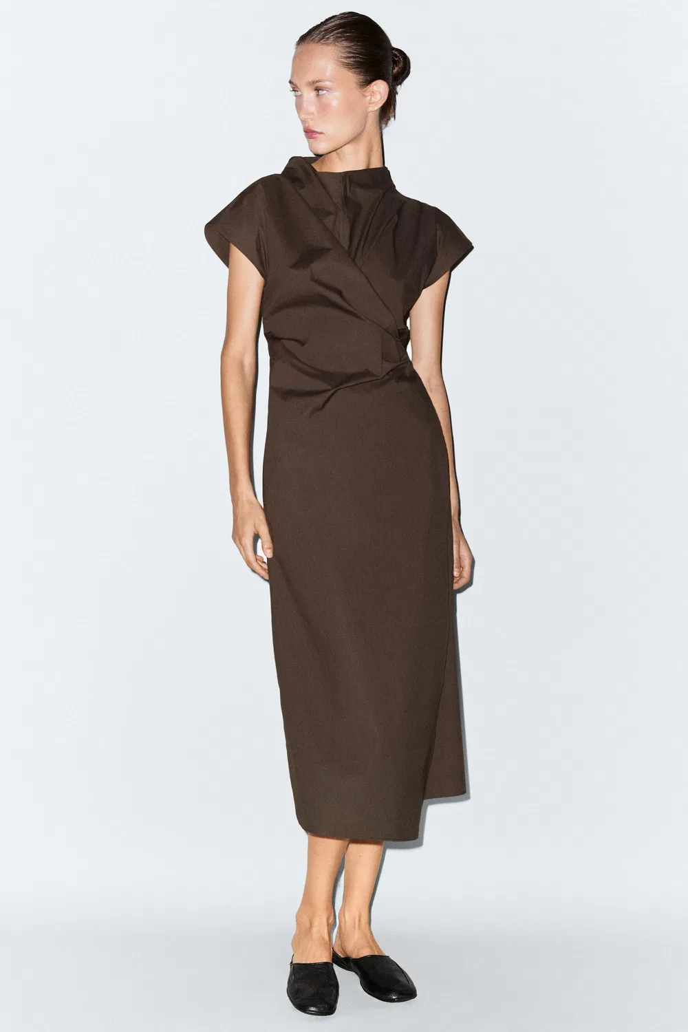 Платье Massimo Dutti, драпированное платье, коричневый