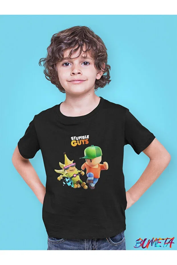 Детская футболка для девочек с принтом Stumble guys banana mr. stumble character kids t-shirt Bumeta, Black