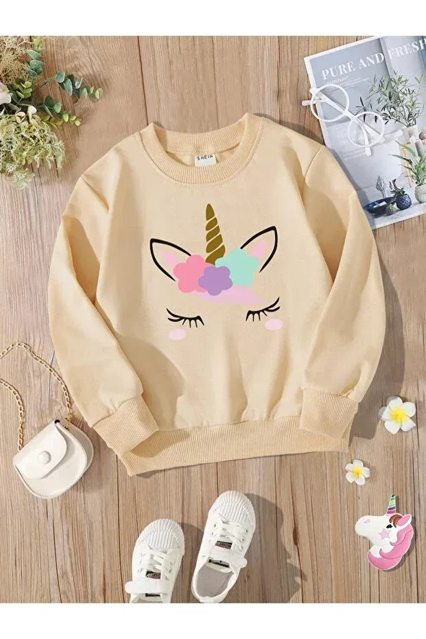 Детские свитшот для девочек с принтом Unicorn Oversize Novibe, Beige