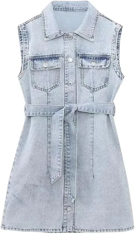 Женское джинсовое платье с поясом Casual Denim Dress, Blue