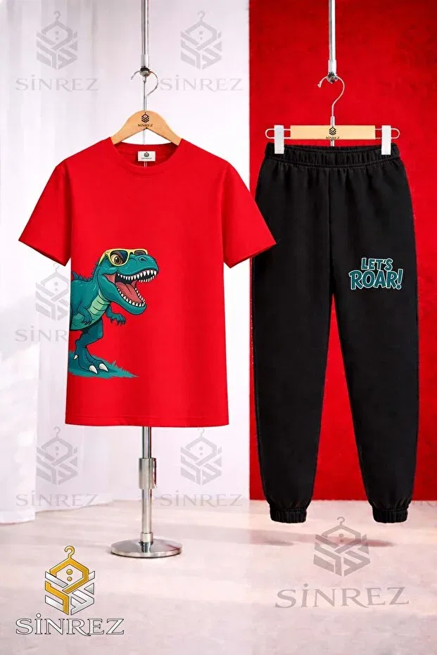Детский комплект для мальчиков с принтом Unisex kids dinosaur with glasses green side printed Sinrez, Red - Black
