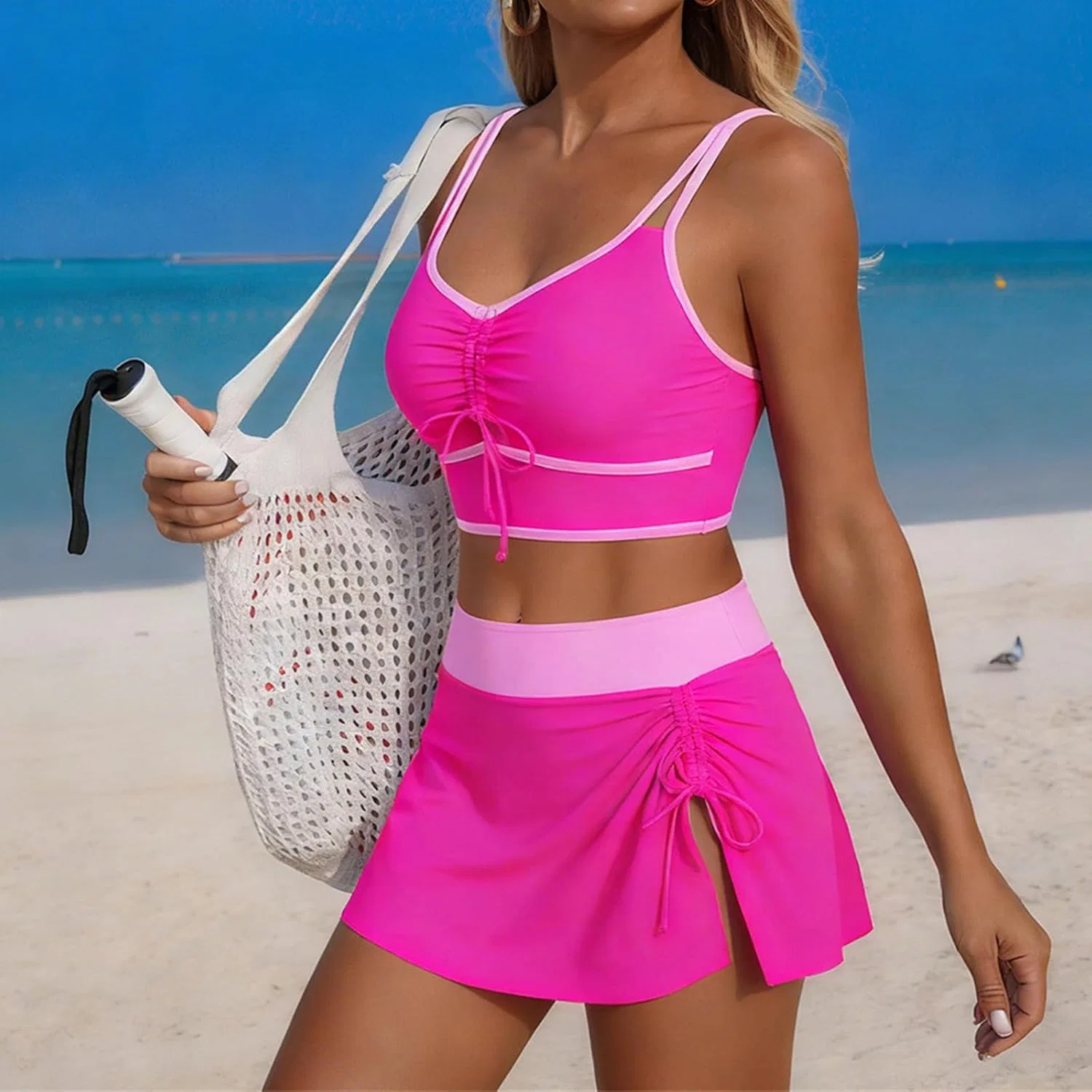 Женский купальный костюм с вырезами и высокой талией, Hot Pink — фото 2