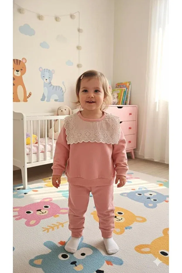 Детский комплект для девочек хлопковый Tuktuk 100% cotton dusty rose collar laced girls' set, Yağmur Giyim, Colored