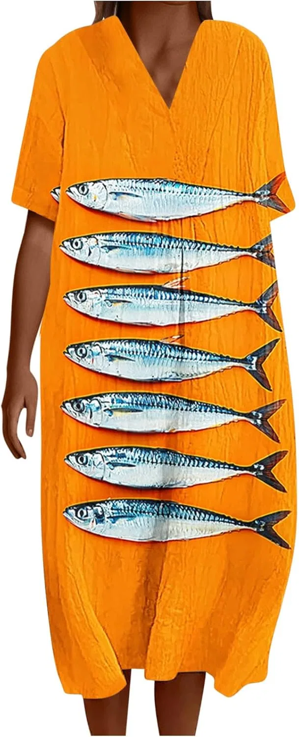 Женское свободное макси-платье с V-образным вырезом, Multicolor