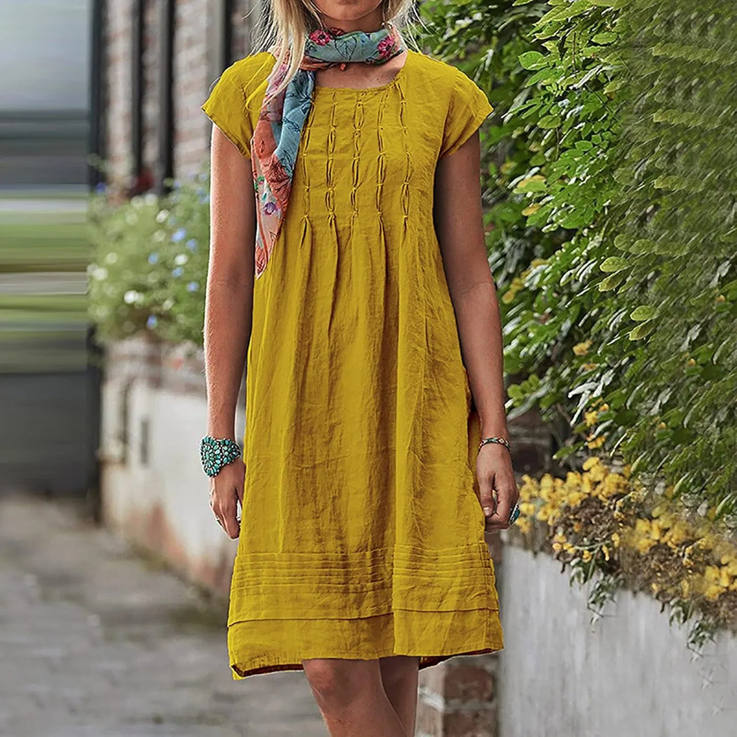 Женское повседневное платье миди с воротником-стойкой Cotton Linen, Yellow — фото 2