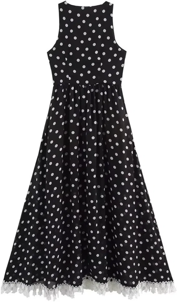 Женское платье миди с воротником V и кружевной отделкой Polka Dot, Black — фото 2