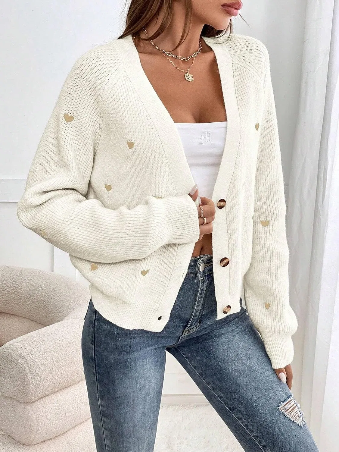 Женский кардиган с длинным рукавом, модель Fall Long Sleeve Button Down, белый — фото 4