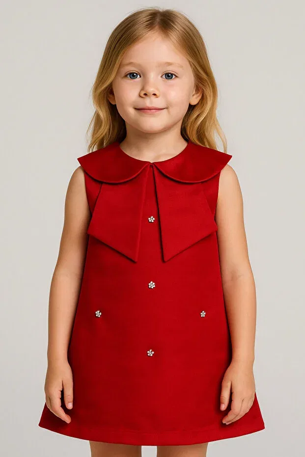 Детское платье для девочек с принтом Pearl Embroidered Girls' Dress Melek Golden, Red — фото 2