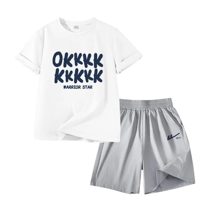 Детский спортивный комплект с круглым вырезом и принтом, HOKK-Gray/H Navy Blue K, WARRIOR