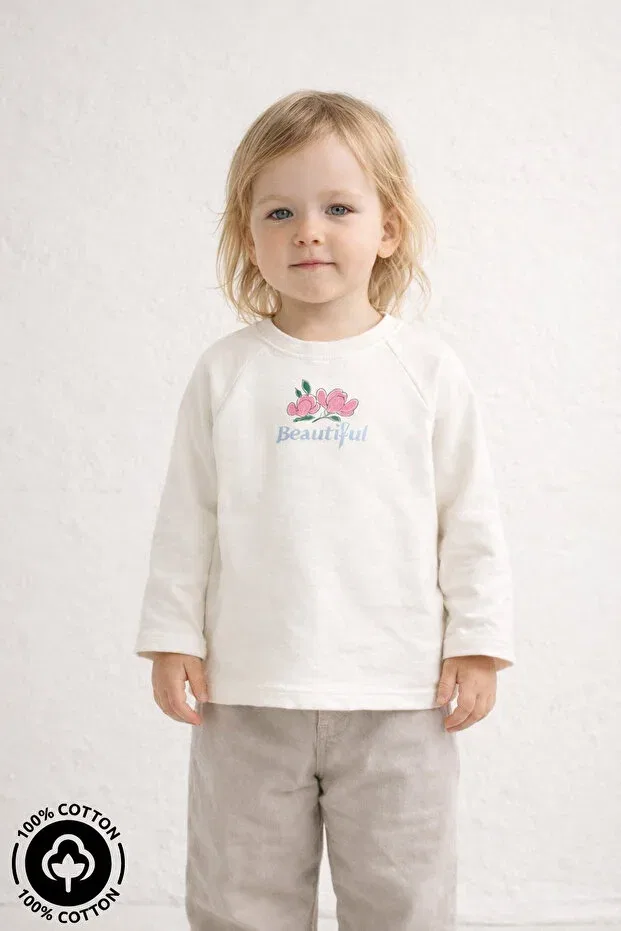 Детская футболка с принтом для девочек Girl'S beautiful garden printed Miniel, Ecru — фото 2